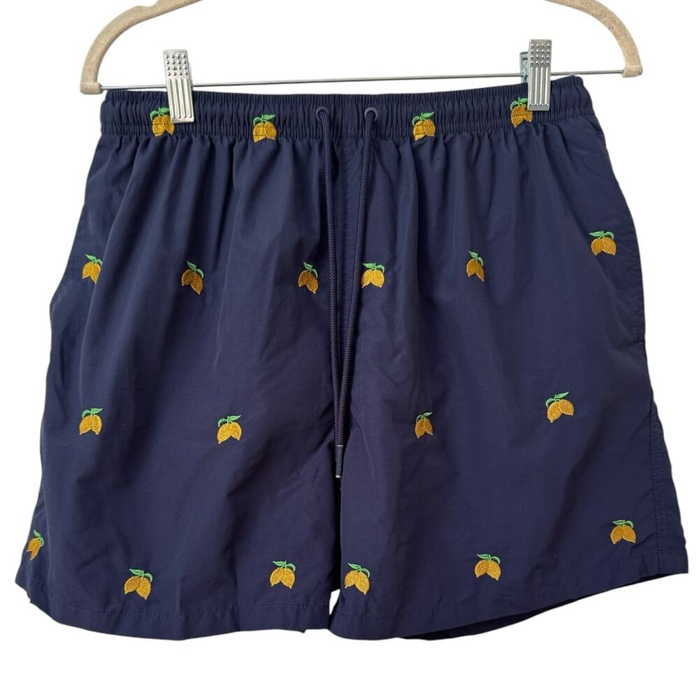 Warren Webber Navy Blue Lemon Embroidered Swim Trunks Men’s Size XL